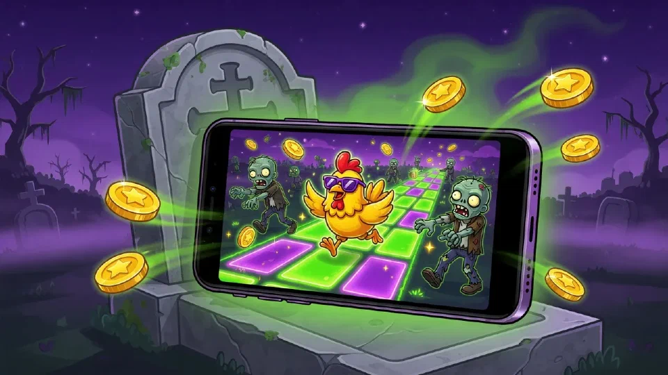 Smartphone on a tombstone showing the Chicken vs Zombies game