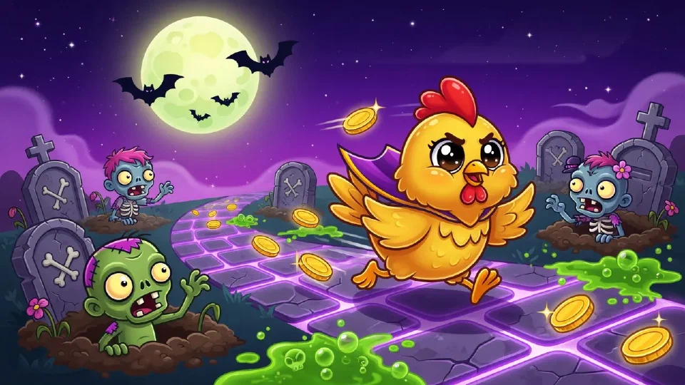 Cartoon chicken running along a glowing graveyard path past zombies
