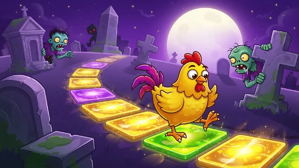 Cartoon chicken stepping onto the next glowing tile of a graveyard path