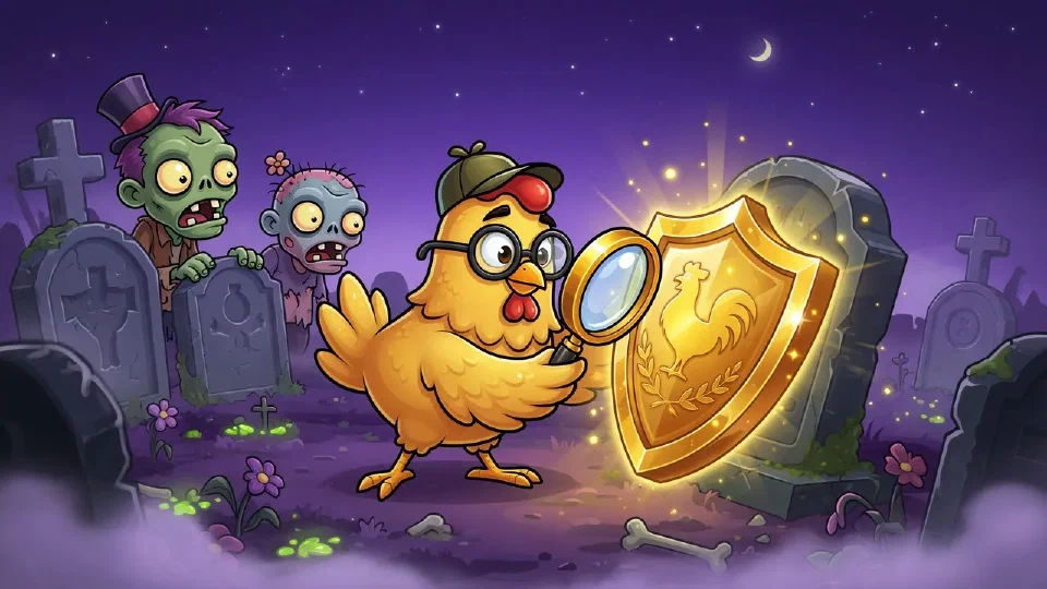 Cartoon chicken inspecting a golden shield with a magnifying glass