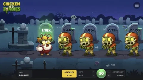 Demo von Chicken vs Zombies auf Deutsch mit leuchtendem AUSZAHLEN-Button