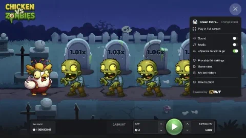 Chicken vs Zombies game menu with provably fair settings, game rules, bet history and Powered by INOUT