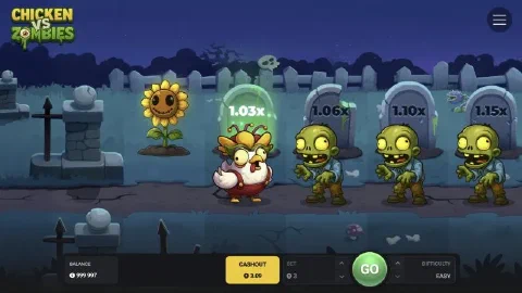 Chicken vs Zombies run with a sunflower behind the chicken and Cashout lit