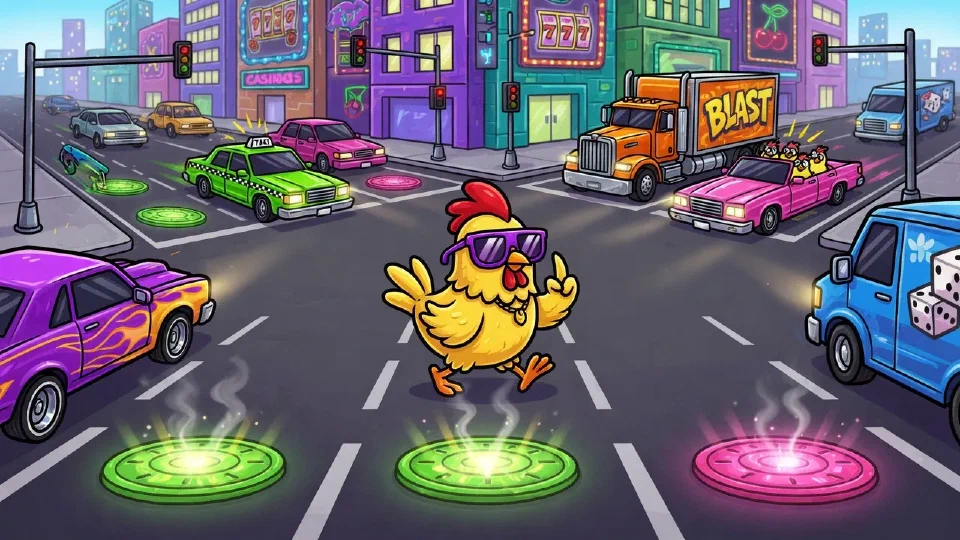 Cartoon chicken in sunglasses crossing a busy city road