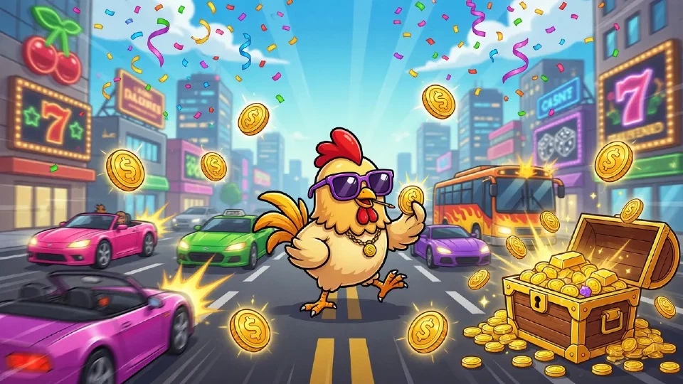 Cartoon chicken on a city road surrounded by golden bonus coins