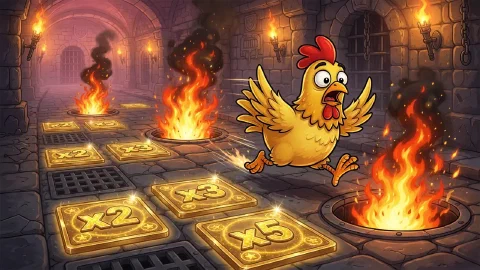 Chicken Road art with fire traps on a dungeon road
