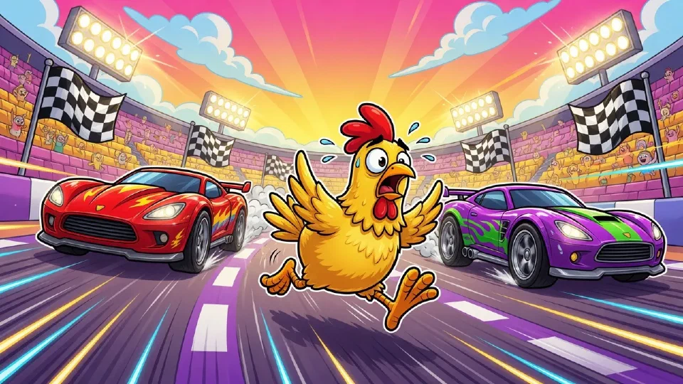 Cartoon chicken sprinting between race cars on a track