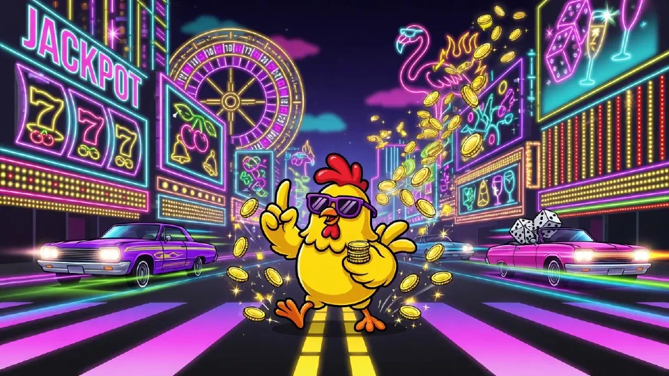 Cartoon chicken crossing a neon Las Vegas strip at night