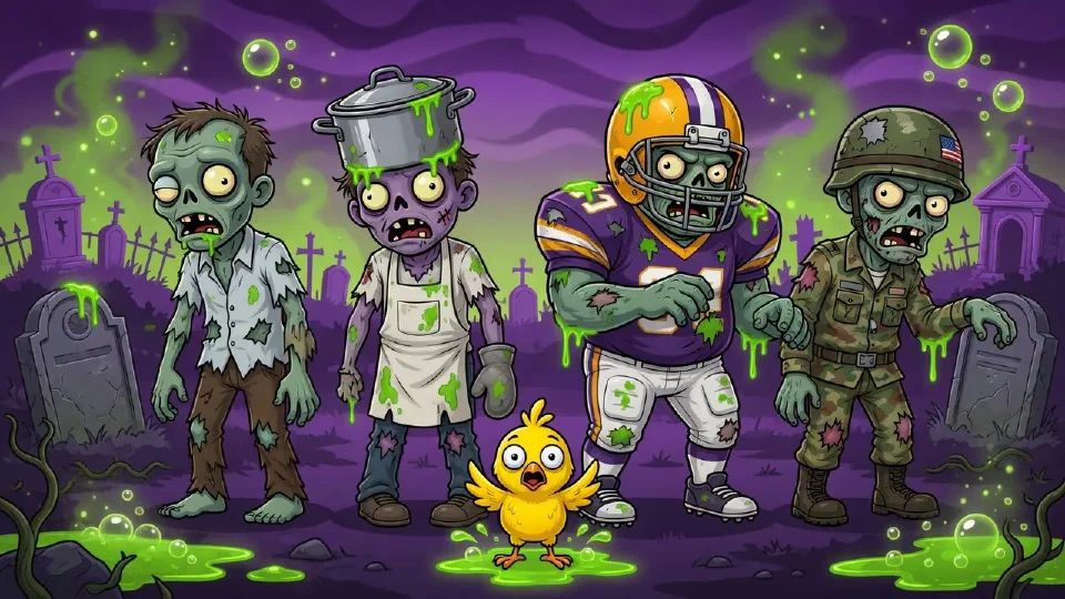 Four cartoon zombies of the game lined up behind a small chicken